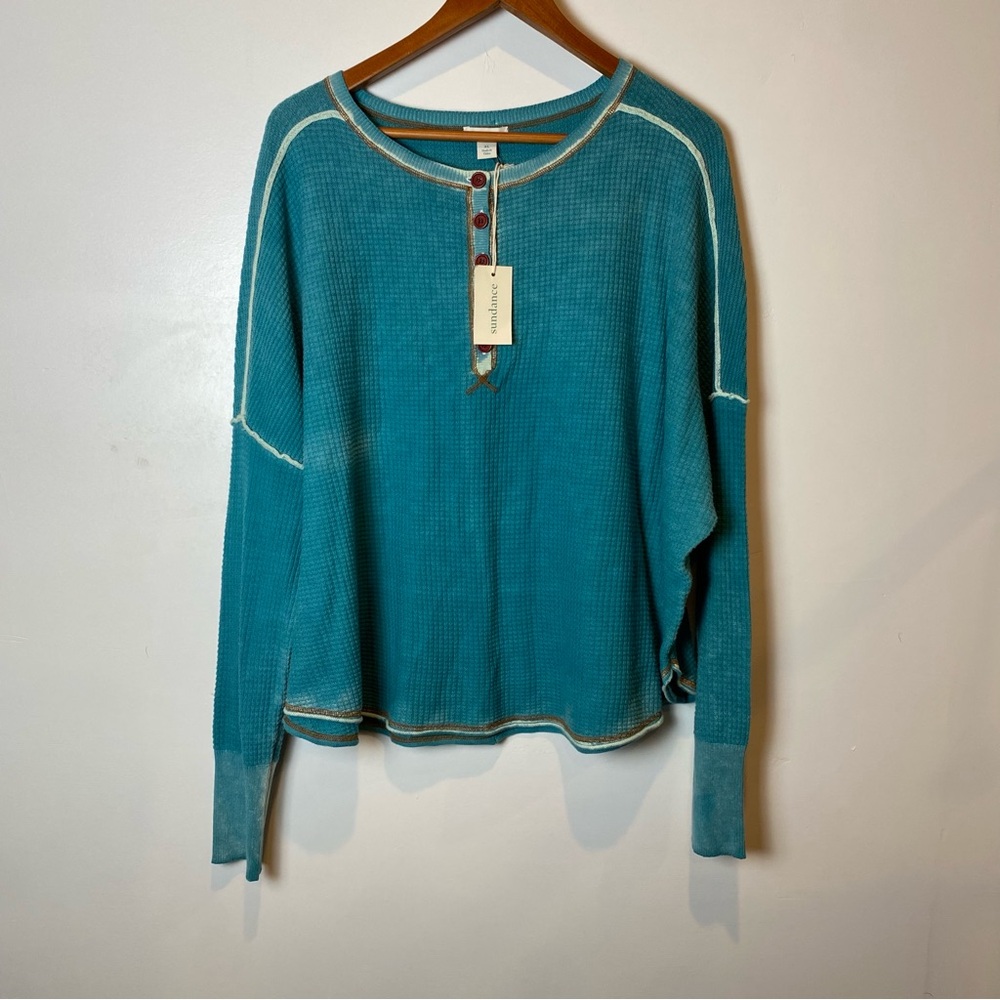 Sundance Gentry Henley Waffle Knit Drop Shoulder Teal Long Sleeve Top NWT